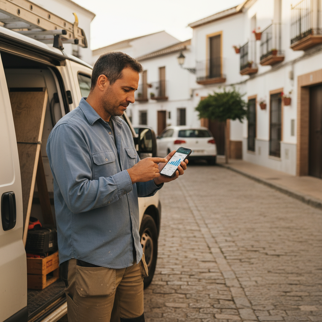 Autónomo de reformas usando una app de presupuestos desde el móvil entre obras