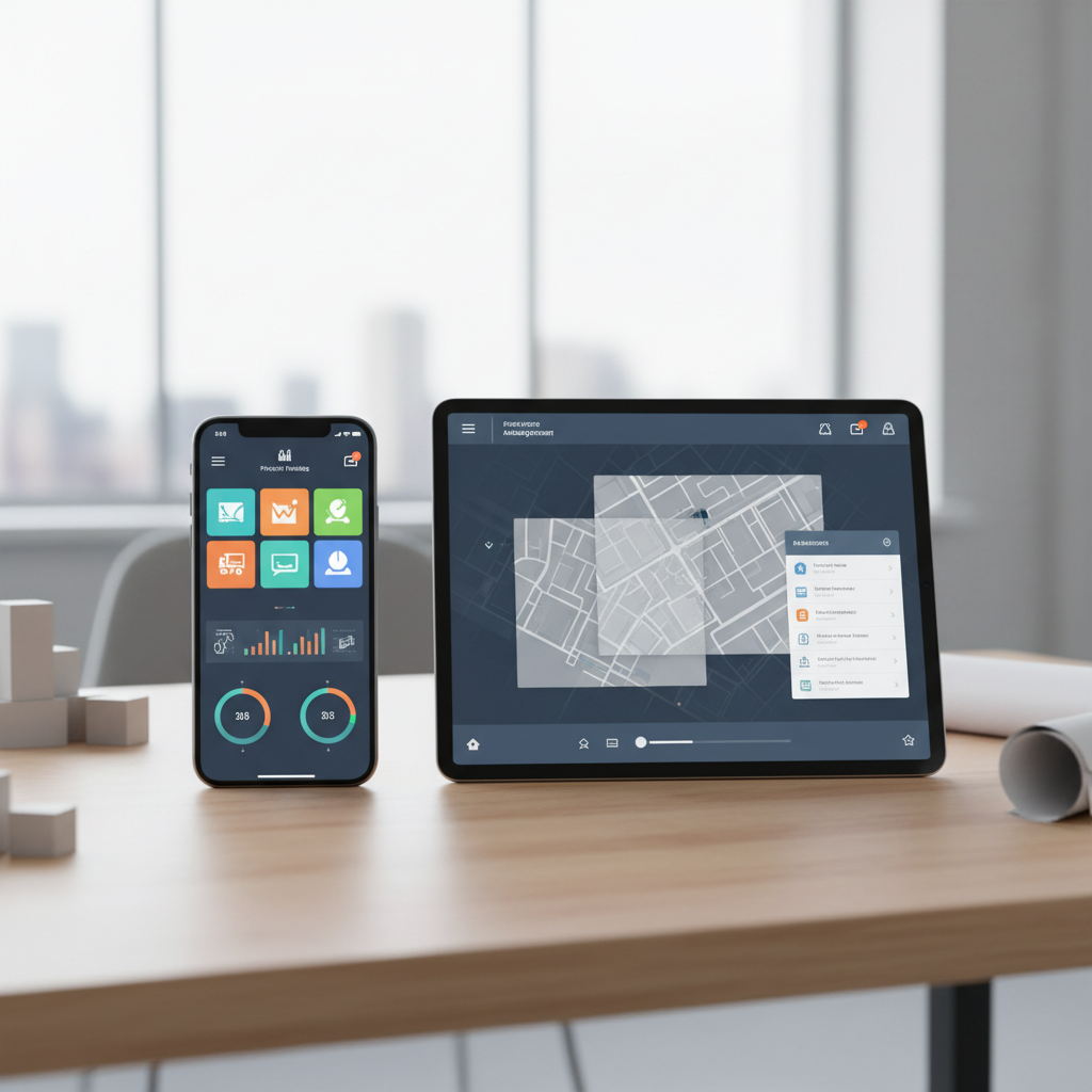 Coleccion de iconos de apps profesionales de construccion sobre escritorio organizado