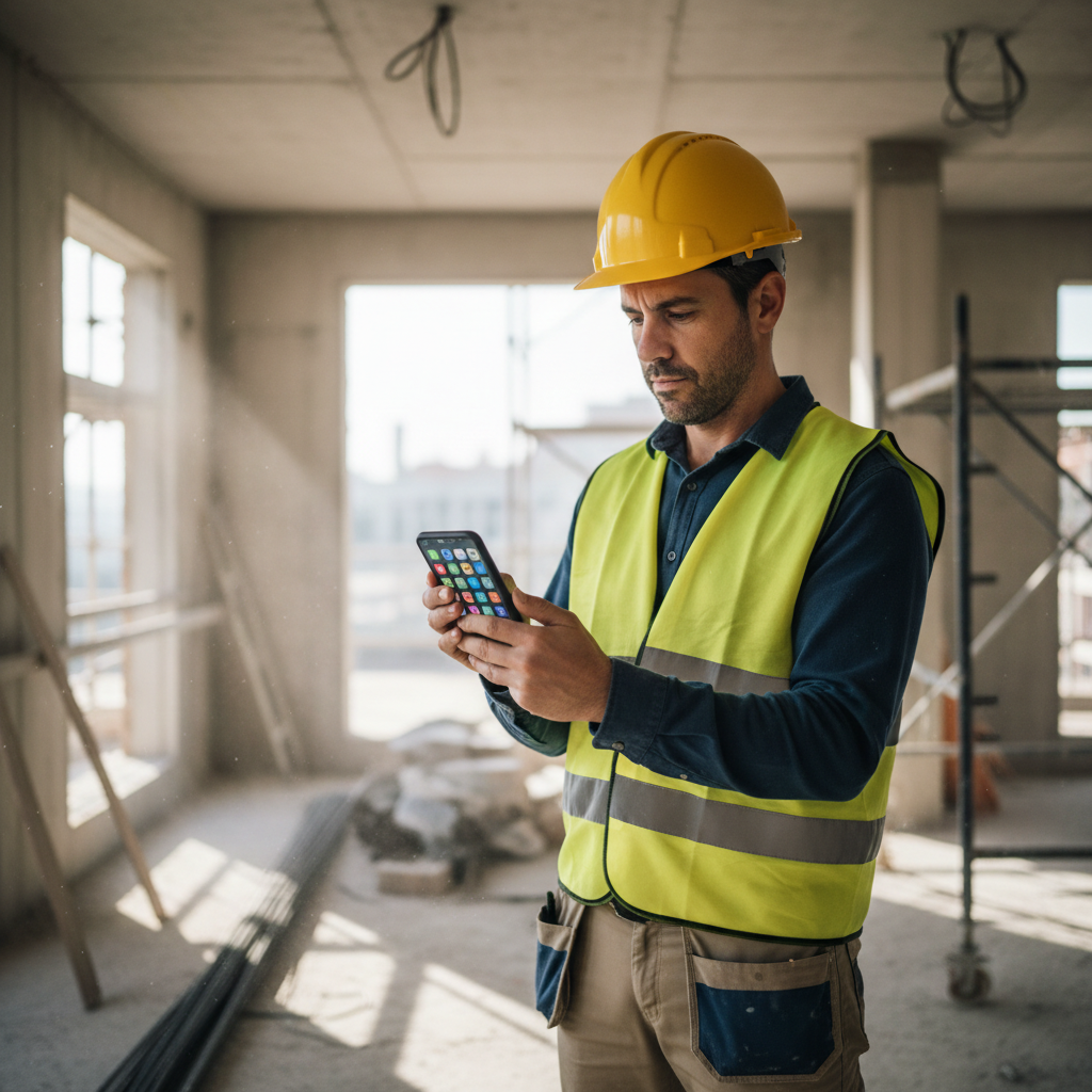 Reformista profesional manejando varias apps en su movil en obra