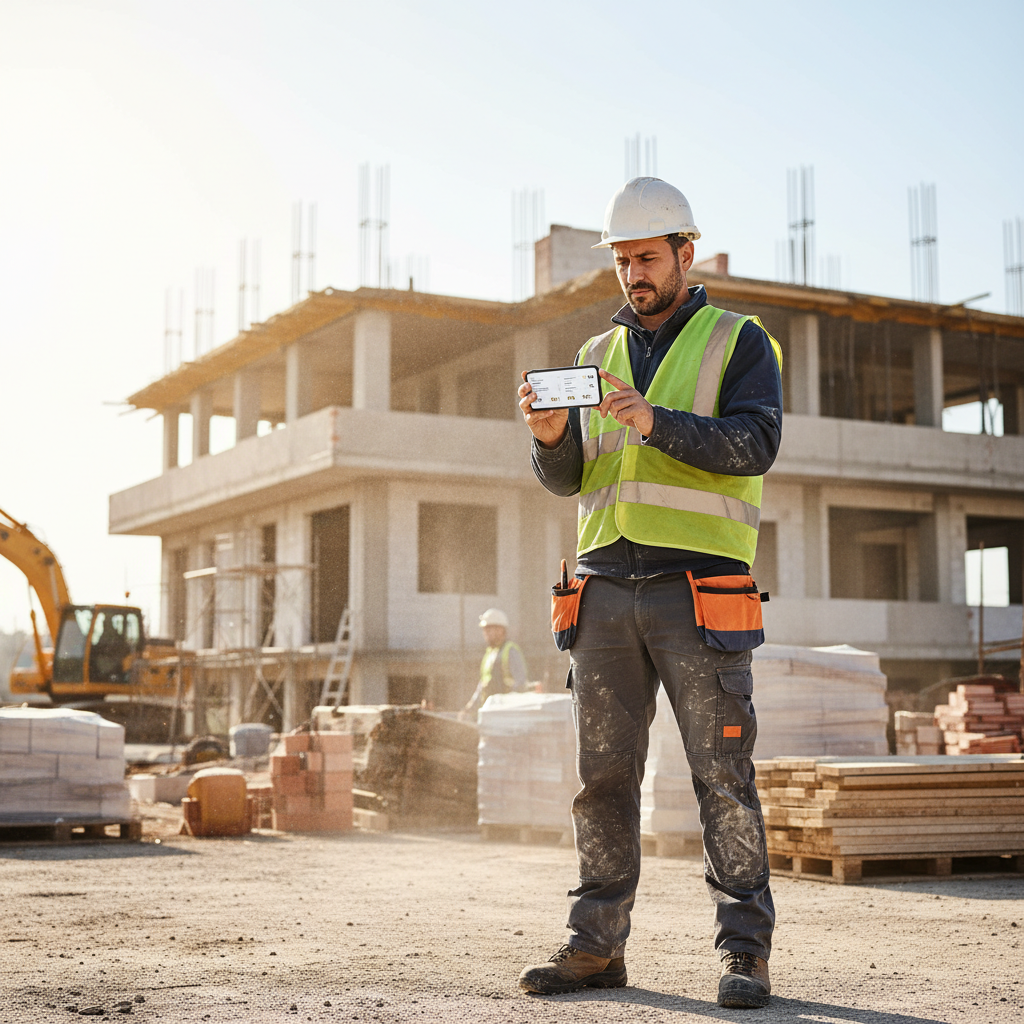 Profesional de reformas comparando bases de precios de construcción en el móvil a pie de obra