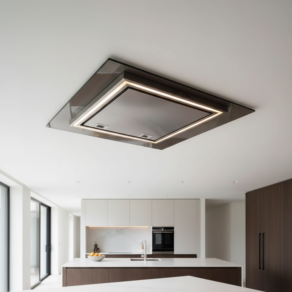 Campana extractora de techo integrada en cocina abierta al salón