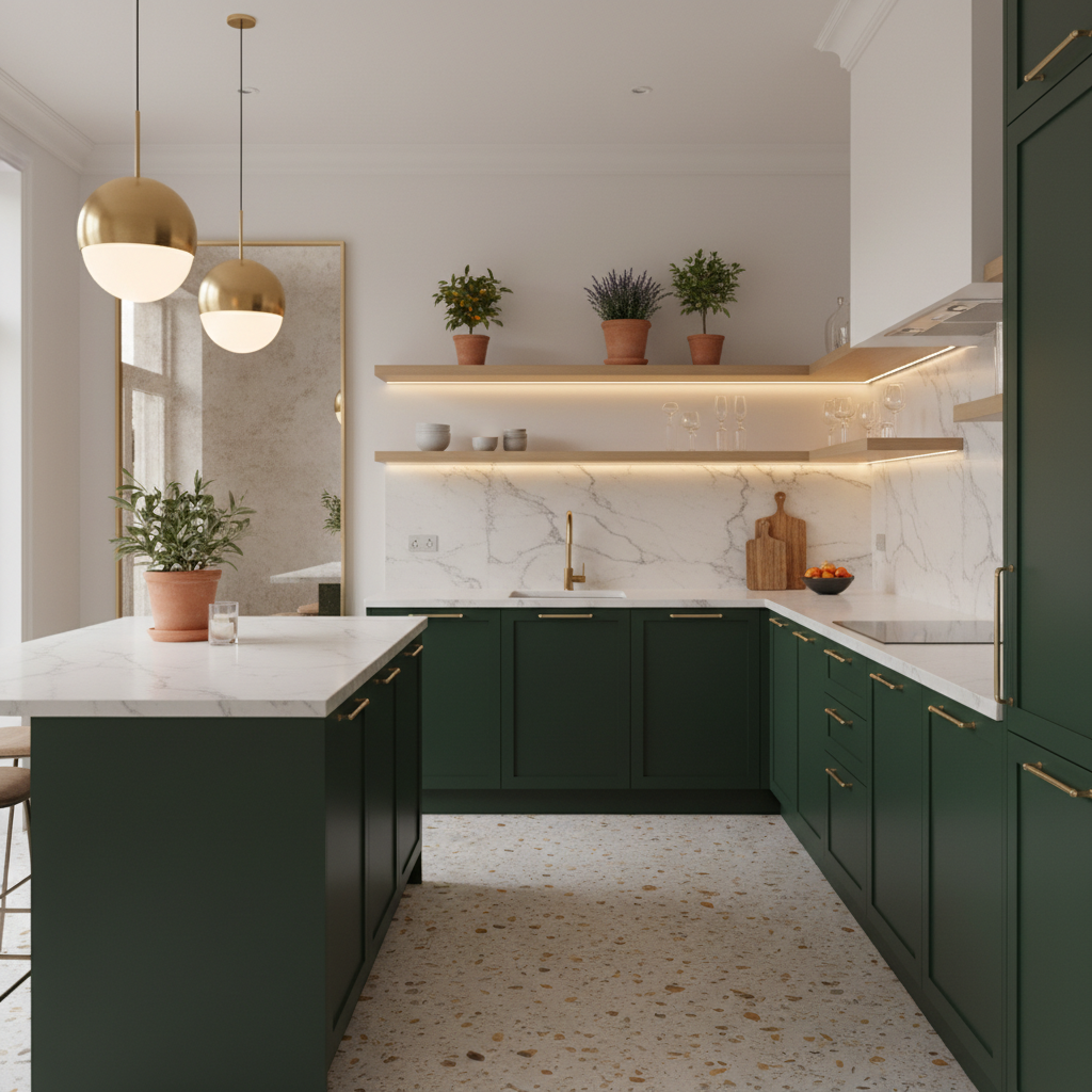 Cocina moderna en verde oscuro con detalles en latón