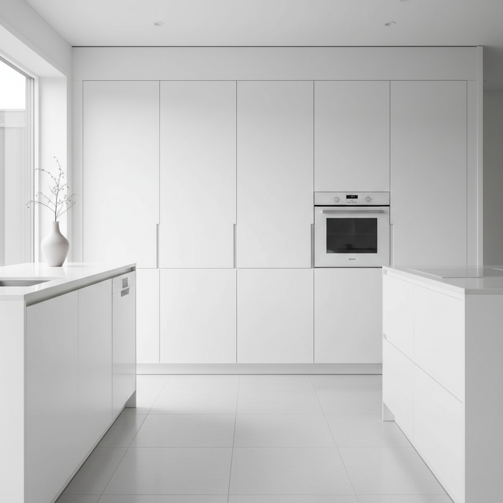 Cocina minimalista blanca con líneas puras