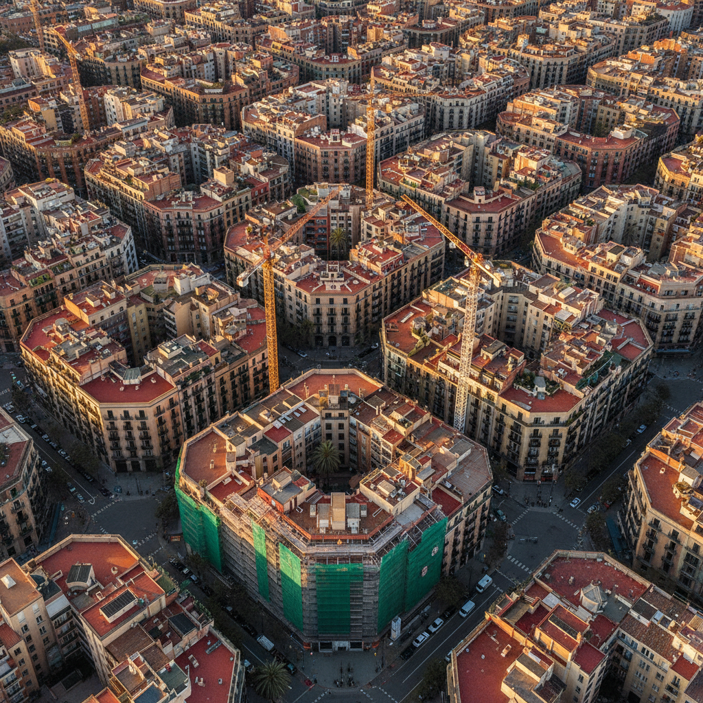 Vista aérea del Eixample de Barcelona con edificios en proceso de reforma
