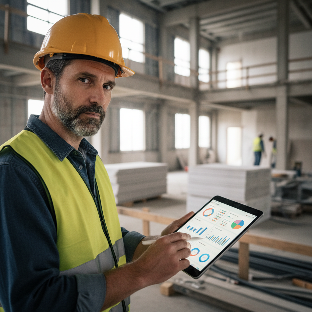 Reformista revisando dashboard con control de costes de obra en tiempo real en tablet