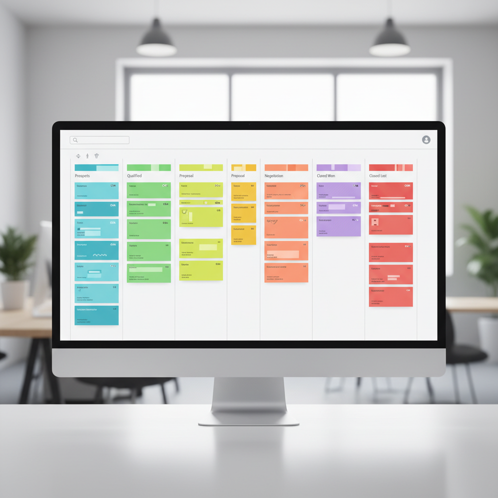 Visualizacion Kanban de pipeline comercial con 6 fases