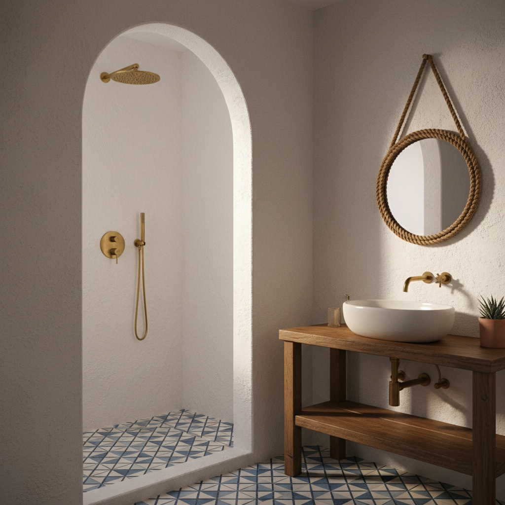 Baño mediterráneo con azulejos artesanales y nicho en arco