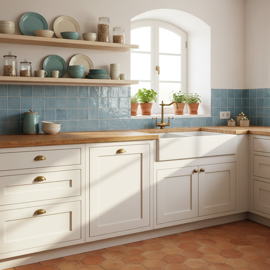 Cocina mediterránea con azulejos zellige y encimera de madera