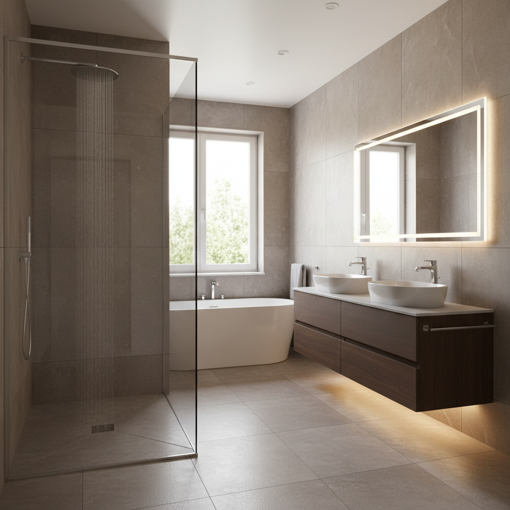 Baño de estilo moderno con ducha de obra y espejo retroiluminado