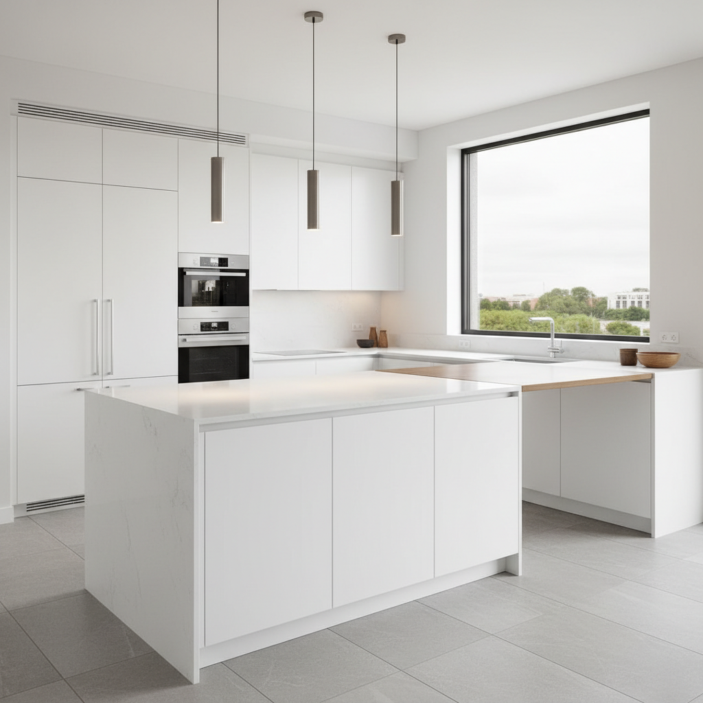 Cocina de estilo moderno con isla central y muebles sin tiradores
