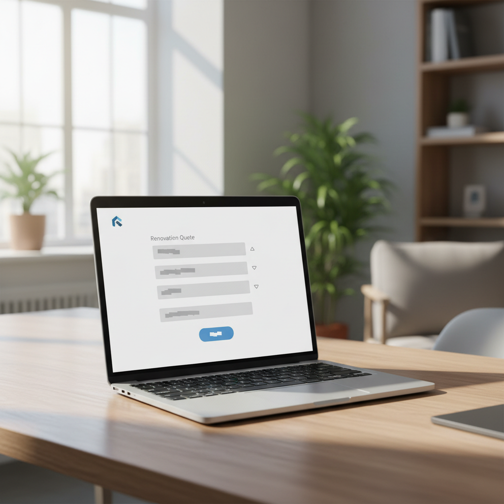 Formulario de presupuestos de reforma embebido en la web de una empresa, visto en un portátil