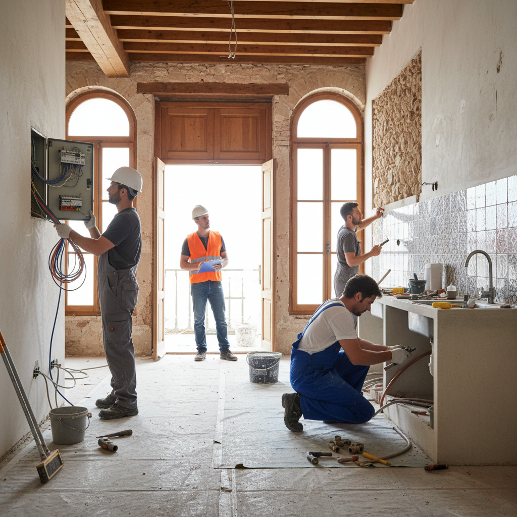 Obra de reforma con electricista, fontanero y alicatador trabajando coordinados