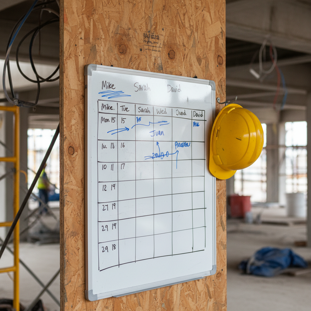 Planning de obra en pizarra con fases y gremios asignados