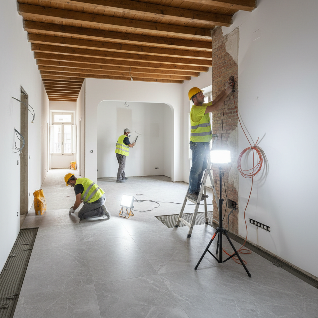 Tres oficios trabajando simultáneamente en una reforma: electricista, solador y pintor