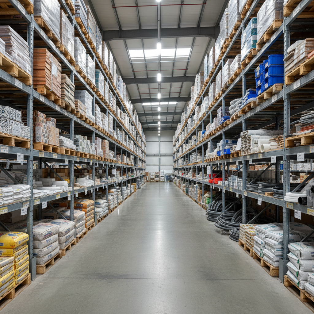 Interior de almacén de materiales de construcción con estanterías organizadas