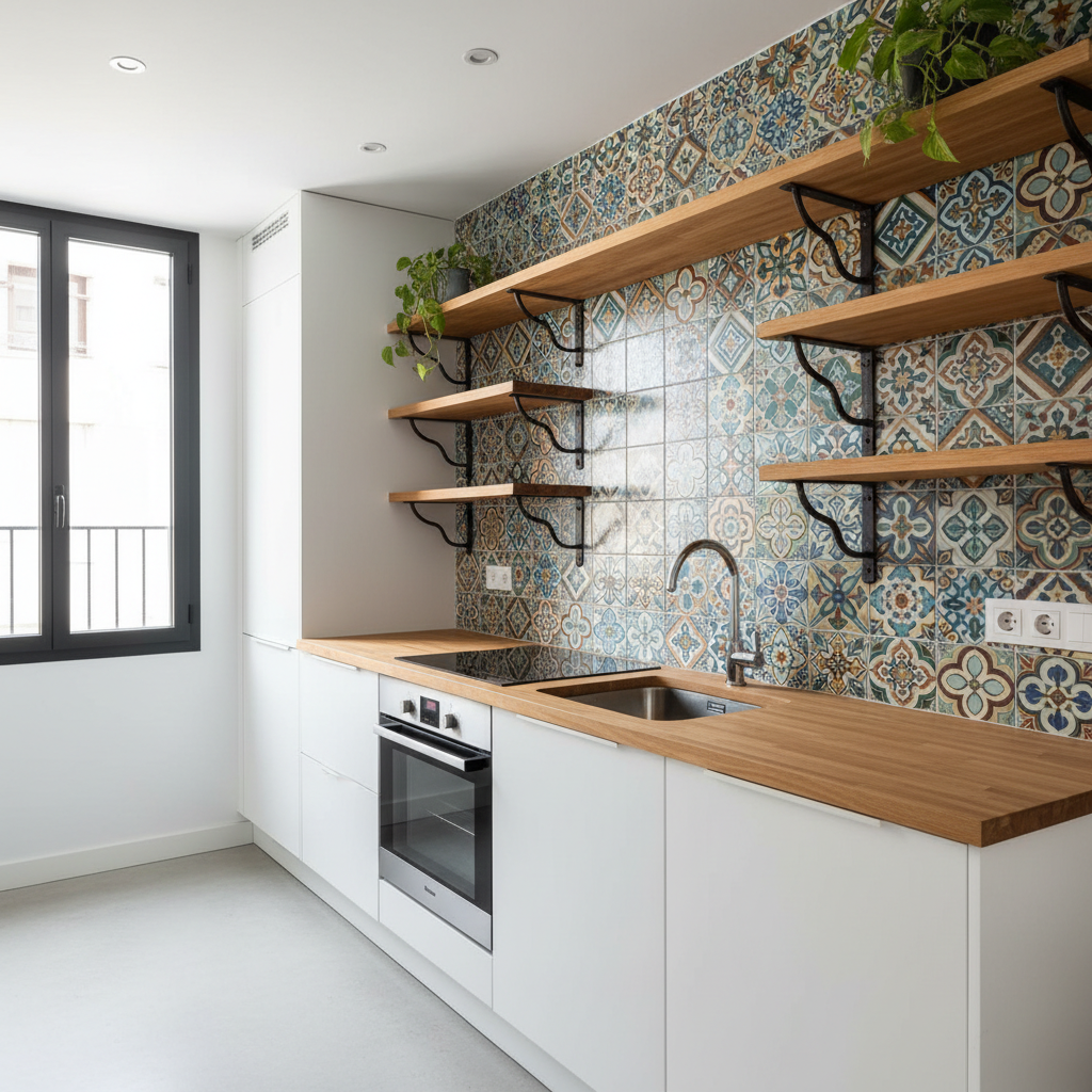 Fusión perfecta: cocina moderna con pared de azulejos artesanales y herrajes de forja