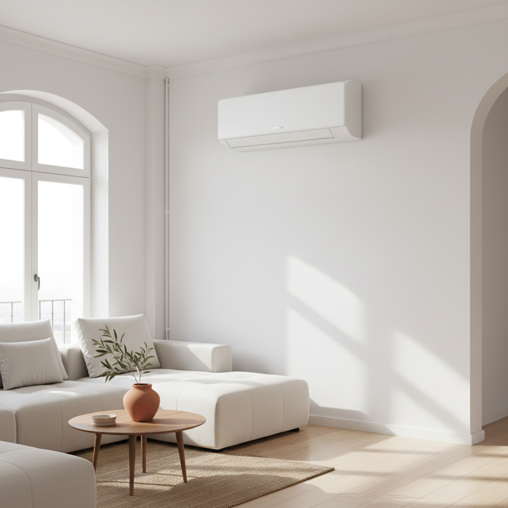 Aire acondicionado split instalado en salón moderno de piso español