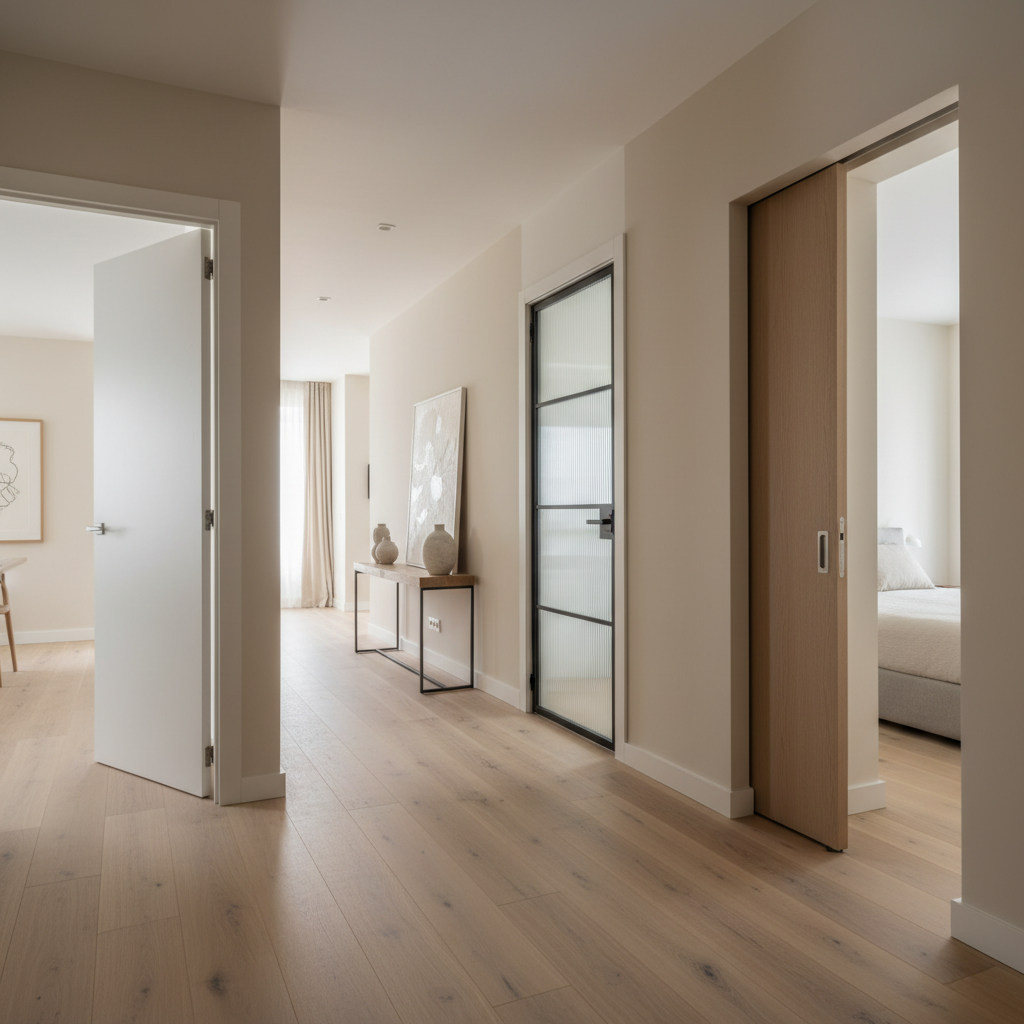 Pasillo reformado con diferentes tipos de puertas de interior: lacada, cristal y corredera