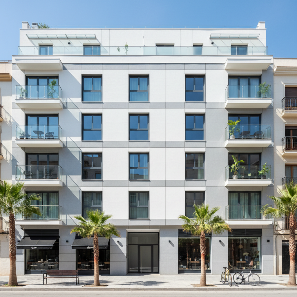 Fachada de edificio rehabilitada con acabado moderno en ciudad española