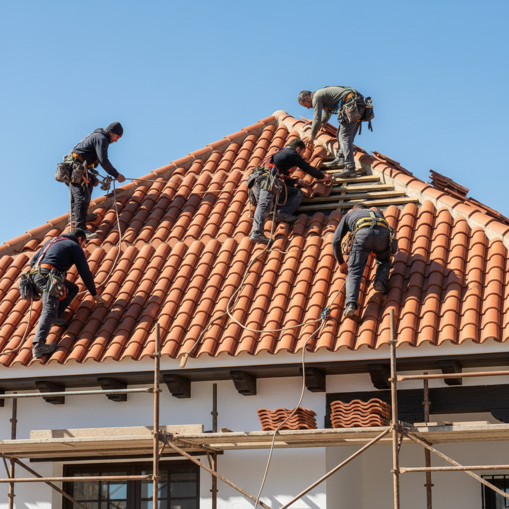 Operarios instalando tejas ceramicas en el tejado de una vivienda en Espana