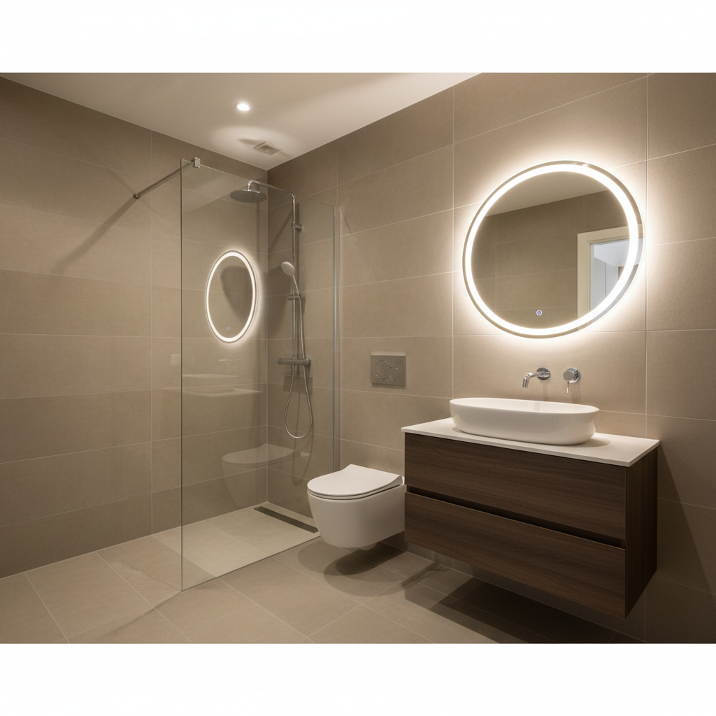 Baño moderno reformado de 6m² con ducha de obra, sanitarios suspendidos y porcelánico gris