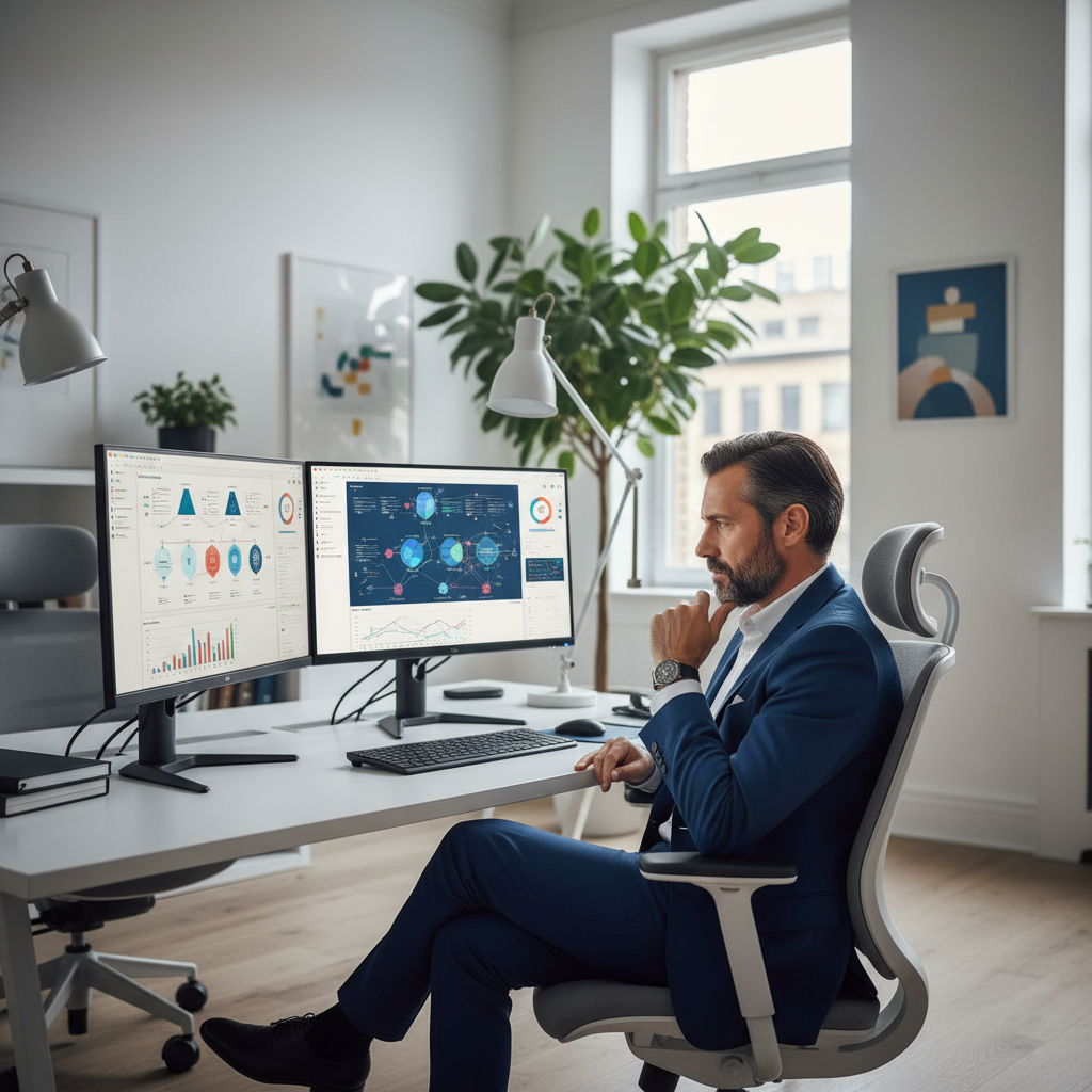 Reformista decidiendo entre dos opciones de software representado por interfaces diferentes