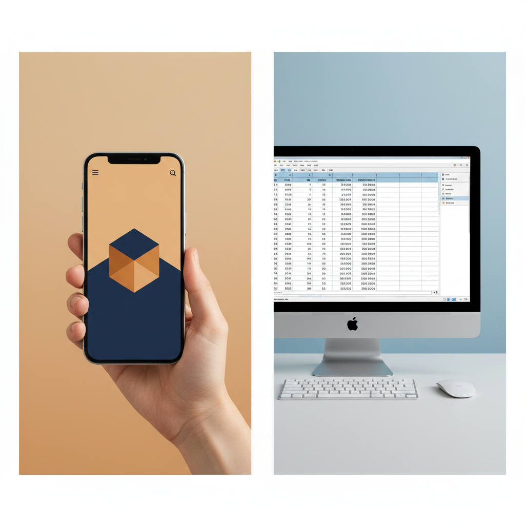 Comparativa visual entre una app móvil moderna y un software de escritorio tradicional para presupuestos de reforma