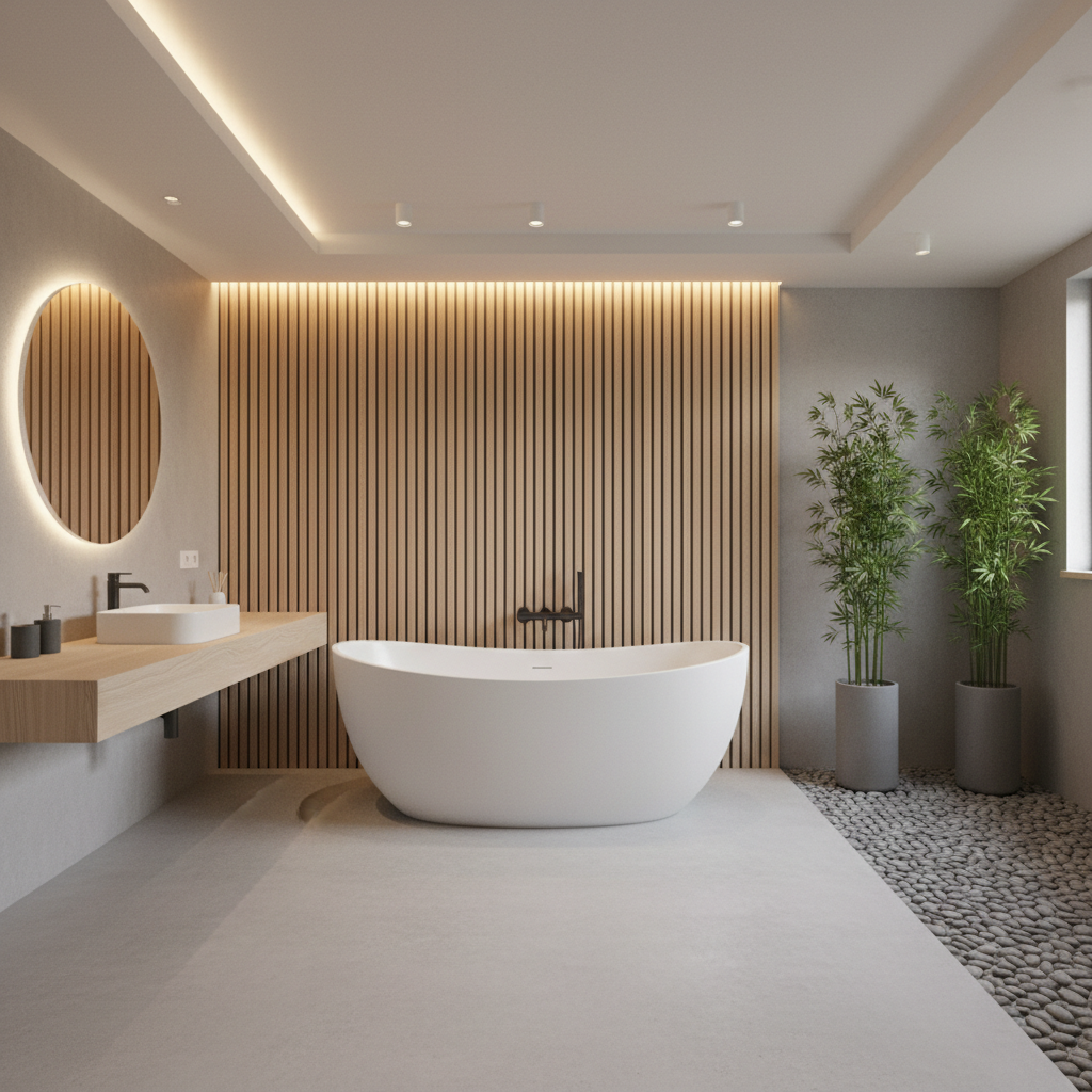 Baño estilo japonés minimalista con bañera profunda