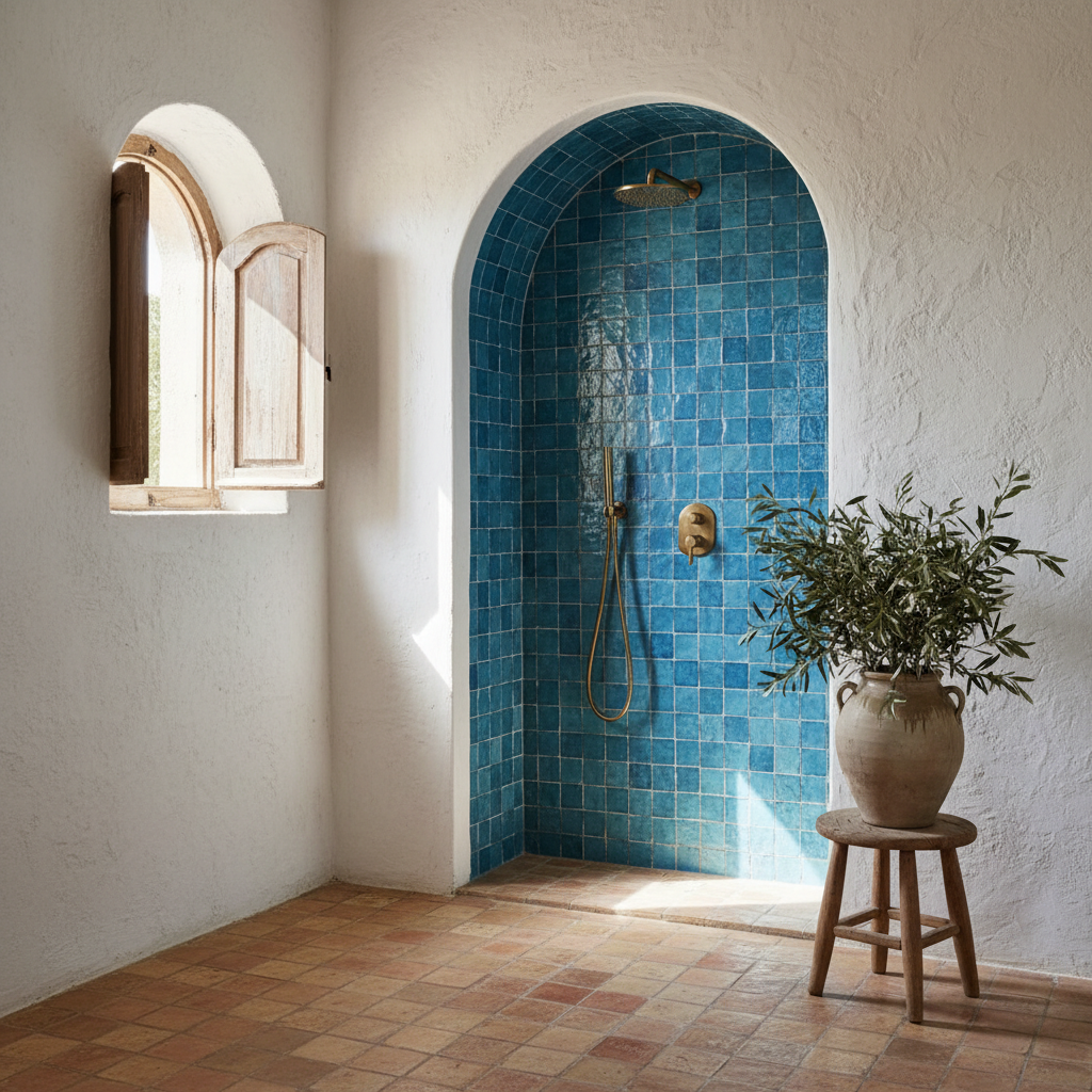 Baño estilo mediterráneo con azulejos zellige y terracota
