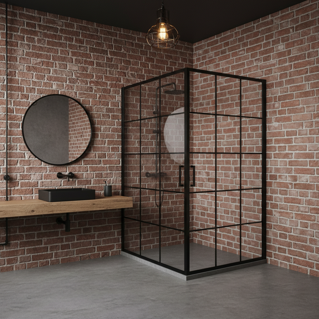 Baño estilo industrial con ladrillo visto y acero negro