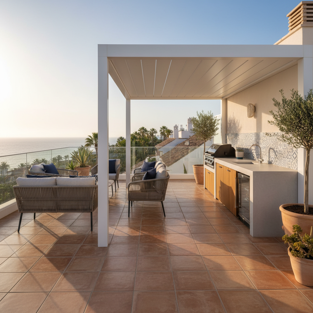 Terraza reformada con pérgola moderna en vivienda de la Costa Blanca