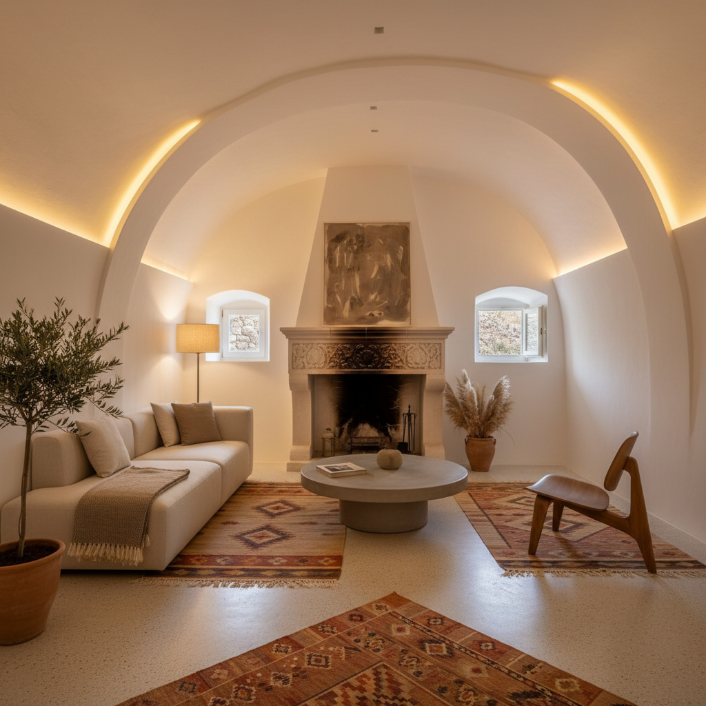 Interior de cueva reformada en el Sacromonte de Granada con iluminación moderna