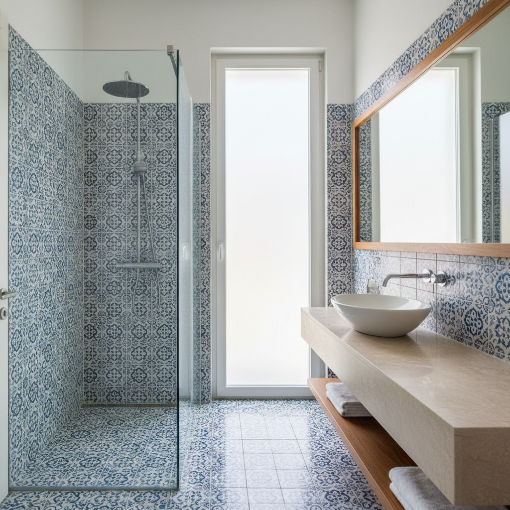 Baño reformado con azulejos mediterráneos en vivienda de Málaga