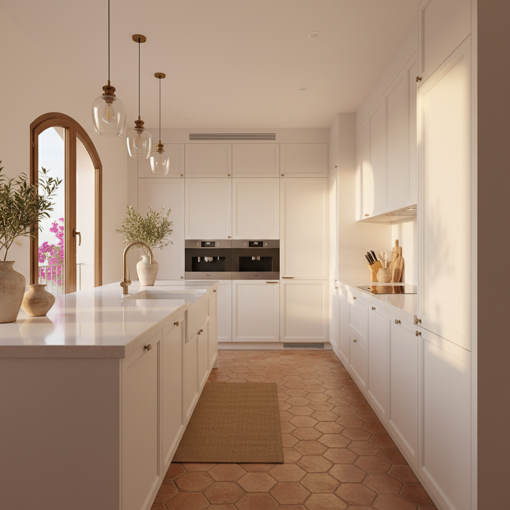 Cocina reformada estilo mediterráneo en apartamento de Málaga