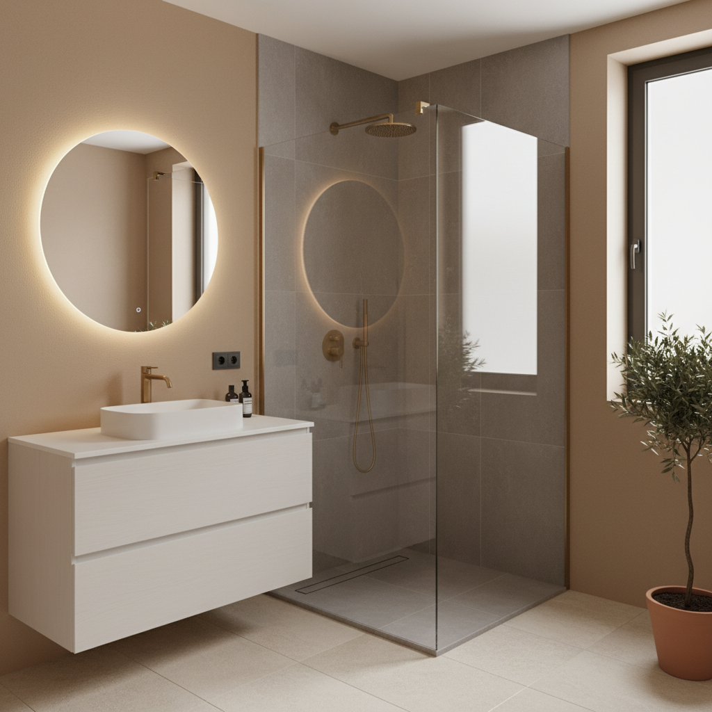 Bano moderno reformado en Murcia con ducha de obra y acabados contemporaneos