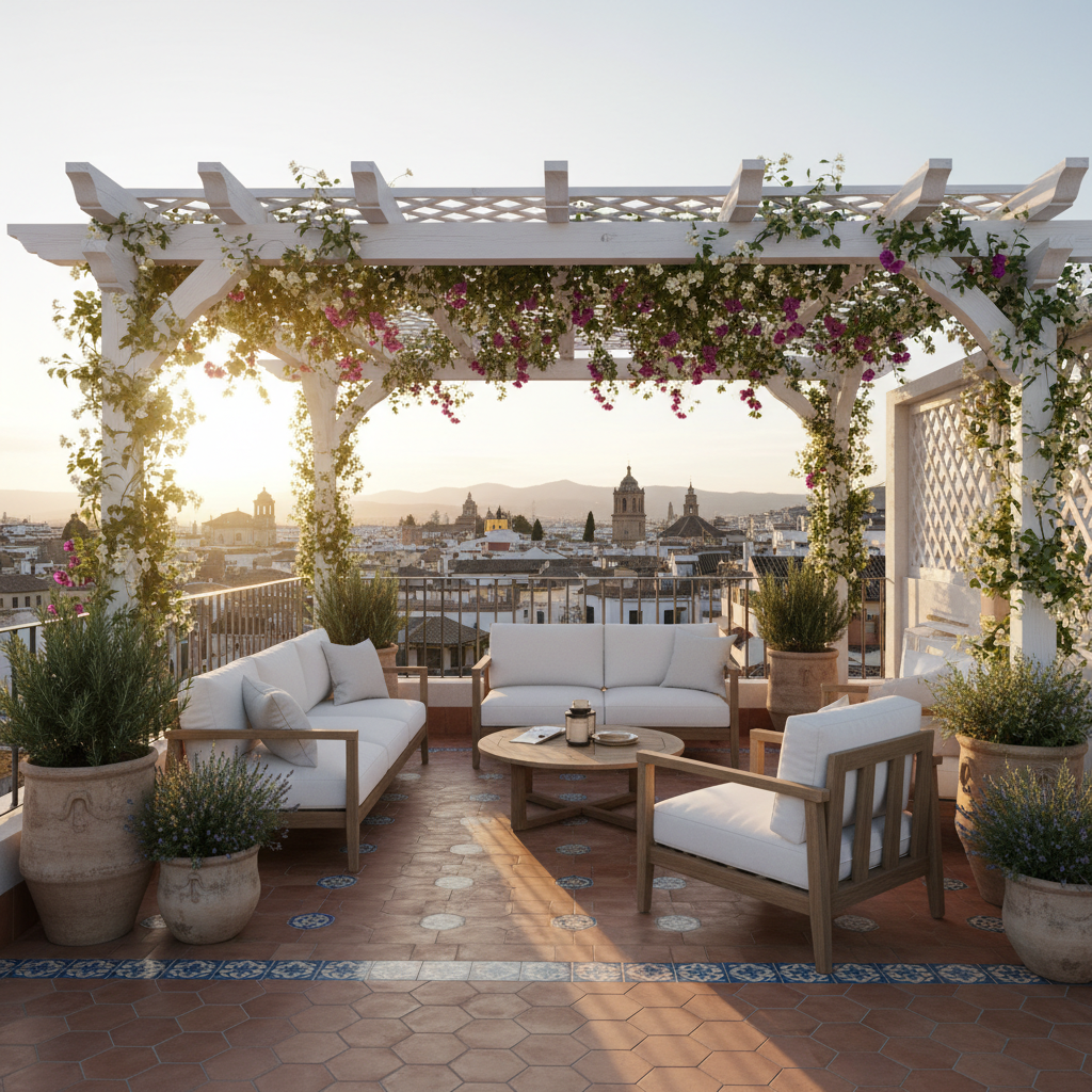 Terraza reformada en un piso de Murcia con pergola y vistas a la ciudad