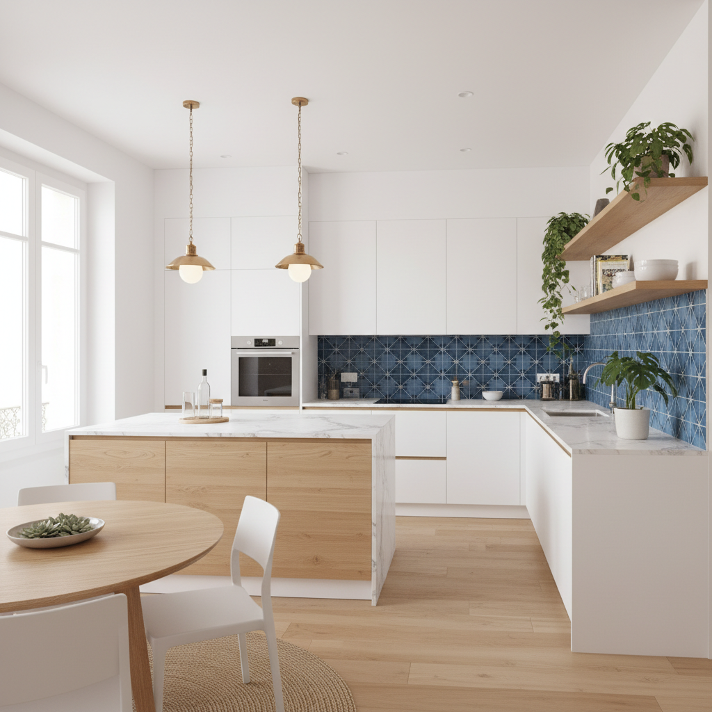 Cocina moderna reformada en un piso de Mallorca con azulejos mediterraneos