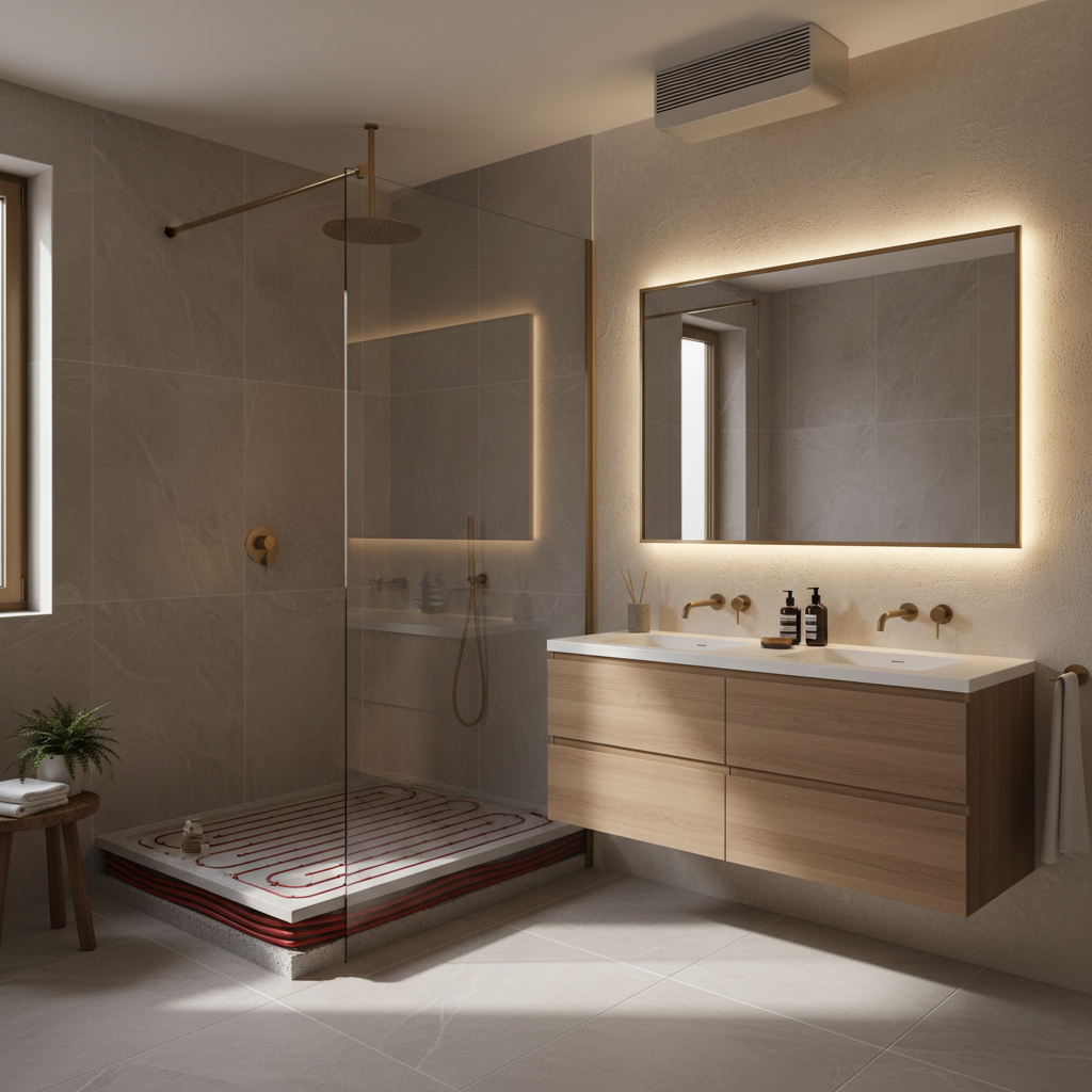 Baño reformado en San Sebastián con suelo radiante y ducha de obra moderna