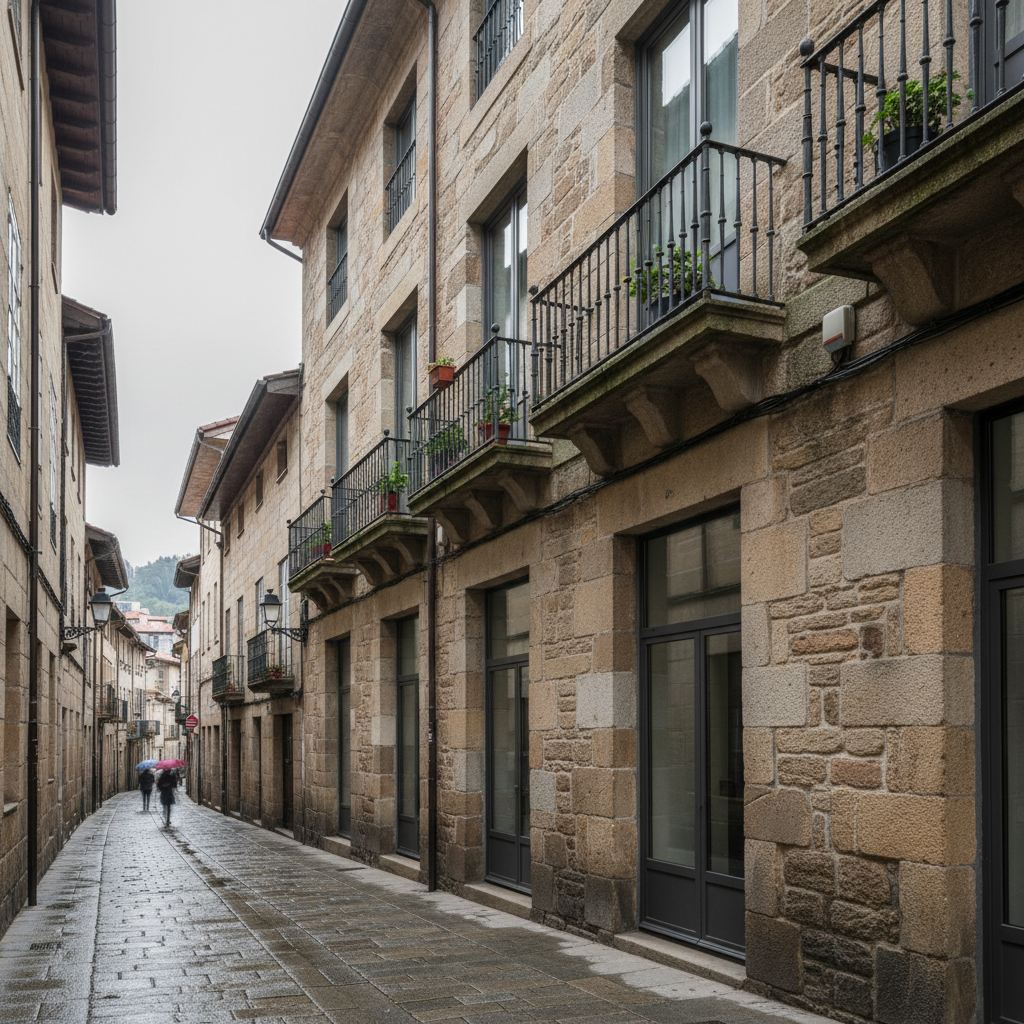 Fachada de edificio reformado en la Parte Vieja de San Sebastián con piedra restaurada