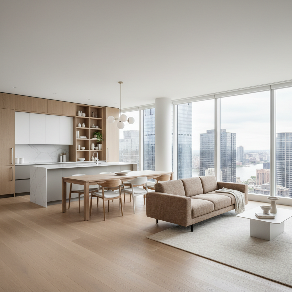 Salón comedor abierto con cocina integrada estilo contemporáneo