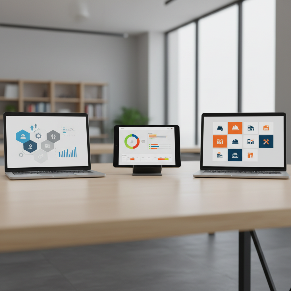 Comparativa visual de interfaces de software de gestion de obras y reformas en pantallas modernas