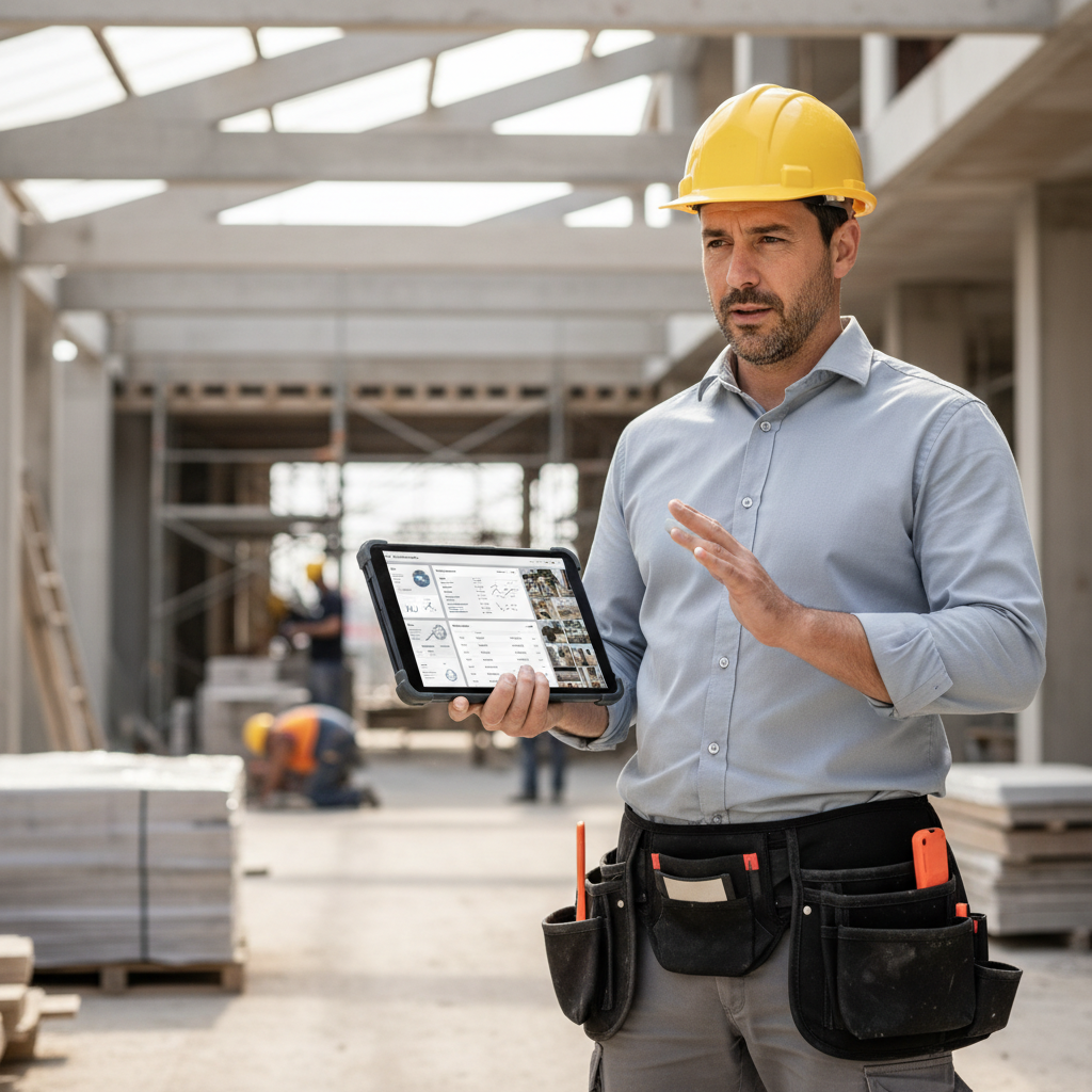 Profesional reformista trabajando con app de gestion integral en tablet y movil en obra
