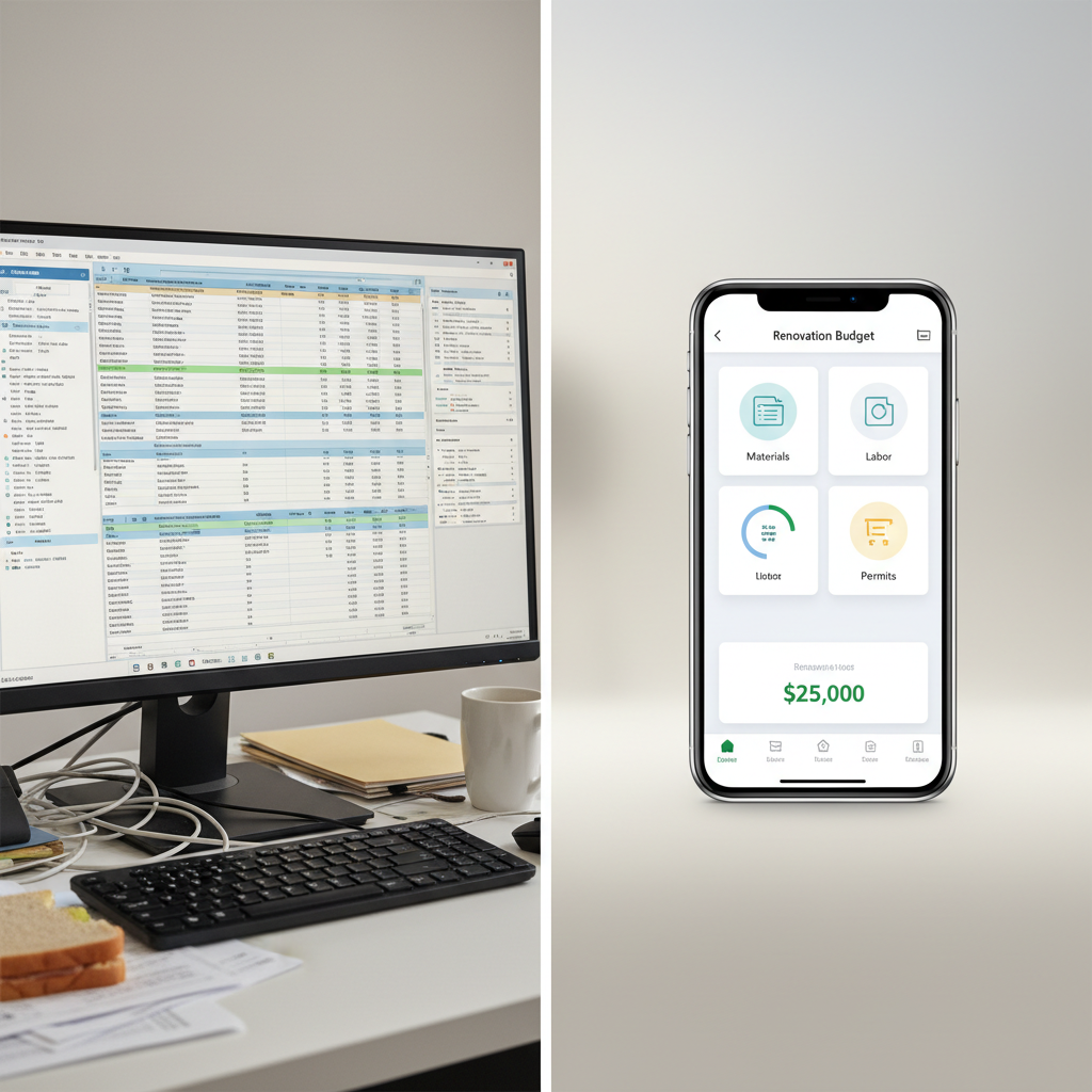Comparativa visual entre software de escritorio complejo y app móvil sencilla para presupuestos de reforma